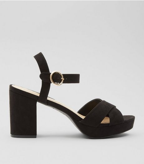 Black Suedette Cross Strap Block Heels | New Look