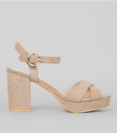 Mink Suedette Cross Strap Block Heels | New Look
