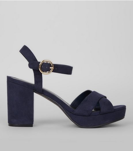 Navy Suedette Cross Strap Block Heels | New Look