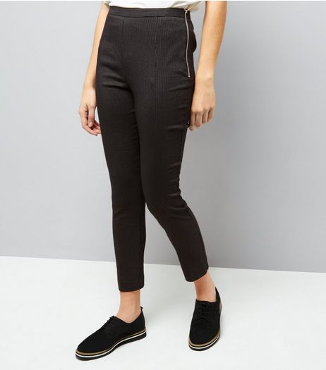 Black Pinstripe Zip Side Slim Leg Bengaline Trousers | New Look