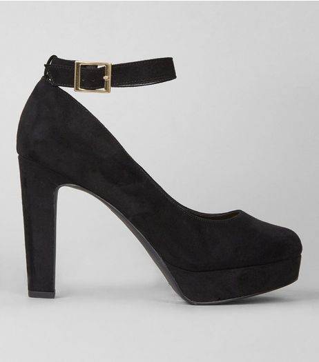 Black Suedette Platform Ankle Strap Heels | New Look