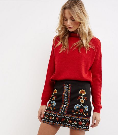Black Floral Embroidered Skirt | New Look