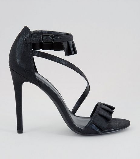 Black Frill Trim Strap Front Heeled Sandals | New Look