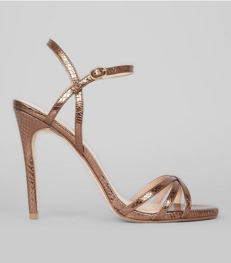 Bronze Snakeskin Textured Cross Strap Heels | New Look