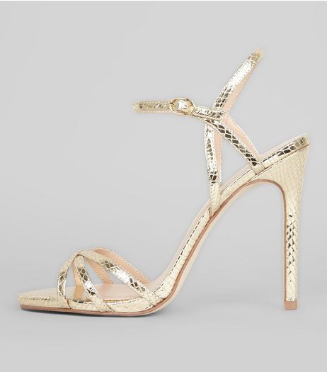 Gold Snakeskin Textured Cross Strap Heels | New Look