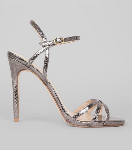 Pewter Snakeskin Textured Cross Strap Heels | New Look