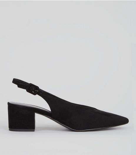 Black Suedette Pointed Sling Back Mid Heels | New Look