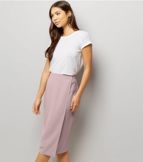 Mid Pink Pinstripe Print Wrap Front Skirt | New Look