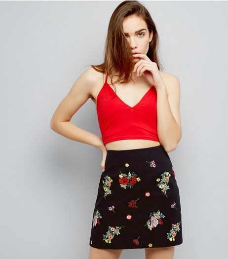 Black Floral Embroidered A-Line Mini Skirt | New Look
