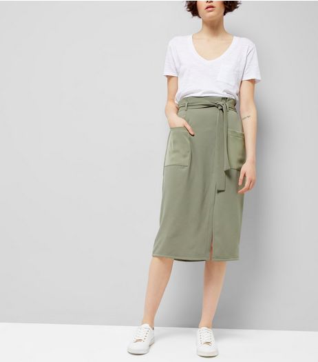 Khaki Crepe Tie Waist Midi Skirt | New Look