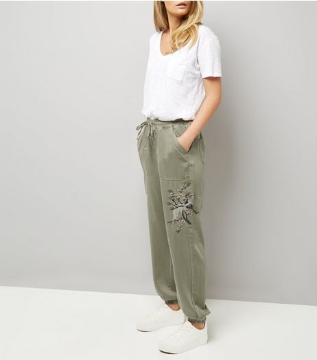 Olive Green Embroidered Joggers | New Look