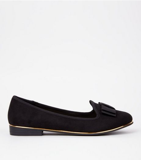 Wide Fit Suedette Metal Trim Bow Front Tab Slippers | New Look