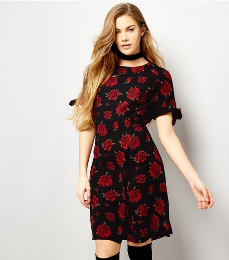 Black Rose Print Tie Sleeve Tea Dress | New Look