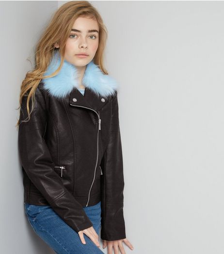 Teens Blue Faux Fur Trim Leather-Look Jacket | New Look
