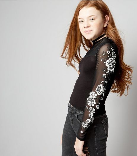 Teens Black Floral Puff Print Mesh Sleeve Top | New Look