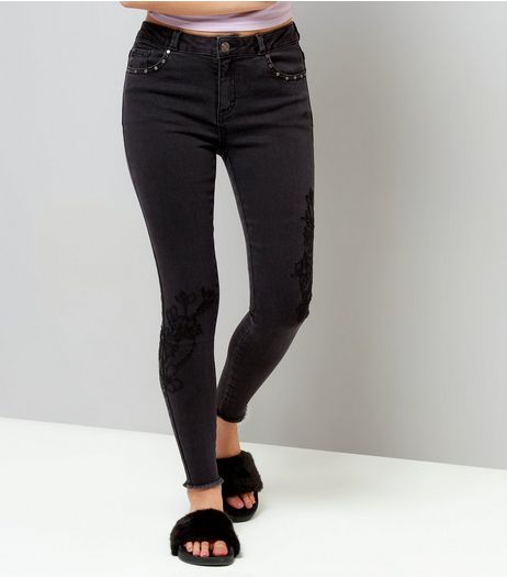 Teens Black Floral Embroidered Studded Skinny Jeans | New Look