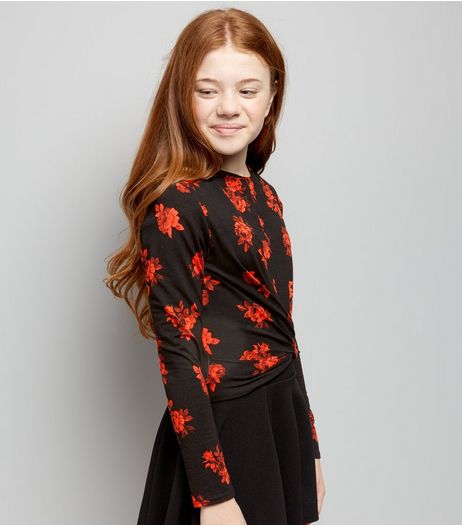 Teens Black Rose Print Twist Front Crop Top | New Look