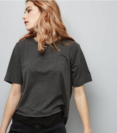 Dark Grey Lace Hem T-Shirt | New Look