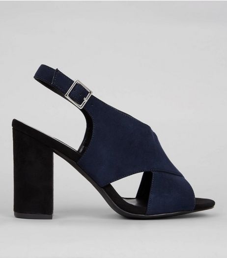 Wide Fit Navy Suedette Contrast Block Heels | New Look