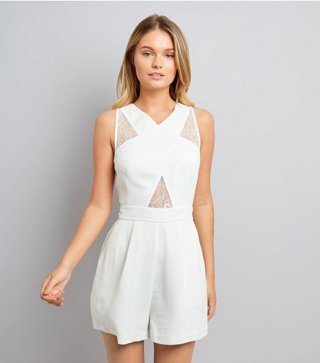 White Lace Insert Cross Front Playsuit | New Look