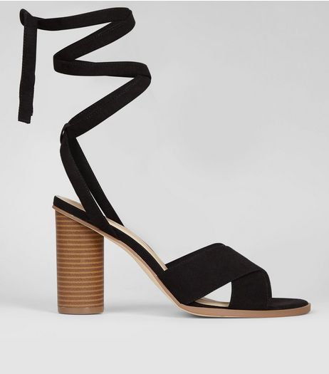 Black Suedette Tie Up Contrast Heeled Sandals | New Look