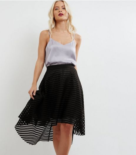 Black Mesh Stripe Dip Hem Skirt | New Look
