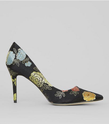 Black Floral Brocade Pointed Heels | New Look