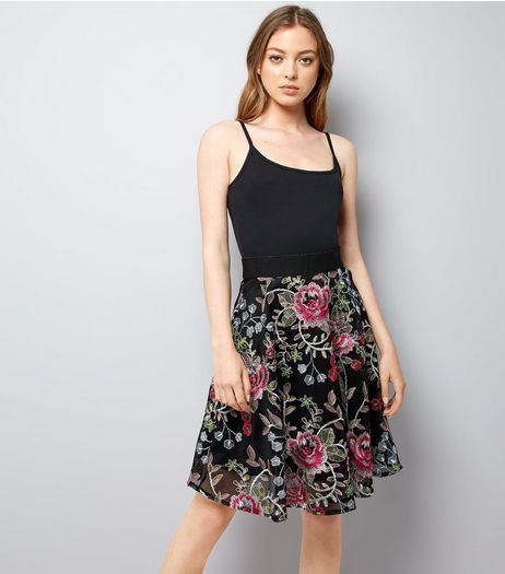 Black Floral Embroidered Mesh Skater Skirt | New Look