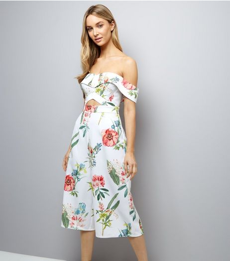 White Floral Print Bardot Neck Culotte Jumpsuit | New Look