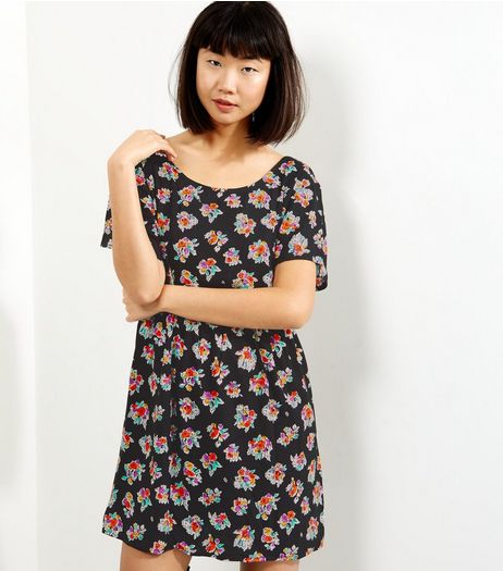 Motel Black Floral Print Lace Up Back Dress | New Look