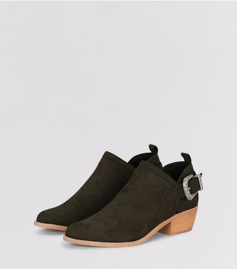 Green Suedette Buckle Side Low Heel Ankle Boots | New Look