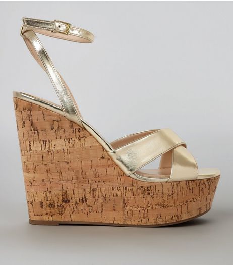 Gold Cross Strap Cork Wedge Heels | New Look