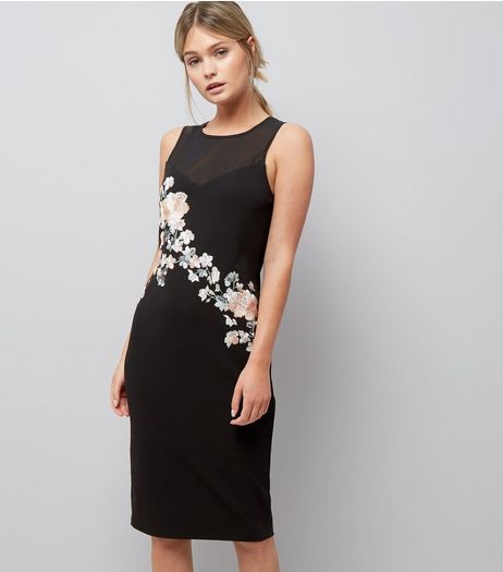 Black Premium Floral Embroidered Mesh Panel Bodycon Dress | New Look
