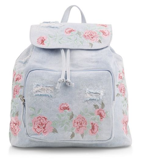 Light Blue Denim Embroidered Backpack | New Look