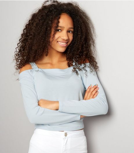 Teens Pale Blue Eyelet Trim Cold Shoulder Crop Top | New Look
