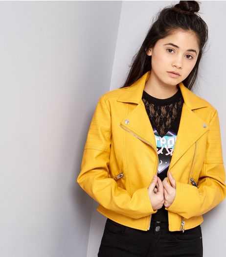 Teens Yellow Leather-Look Biker Jacket | New Look