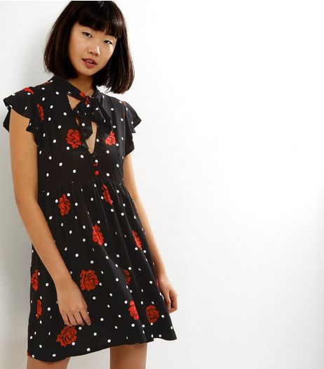Motel Black Floral Spot Print Tie Neck Dress | New Look