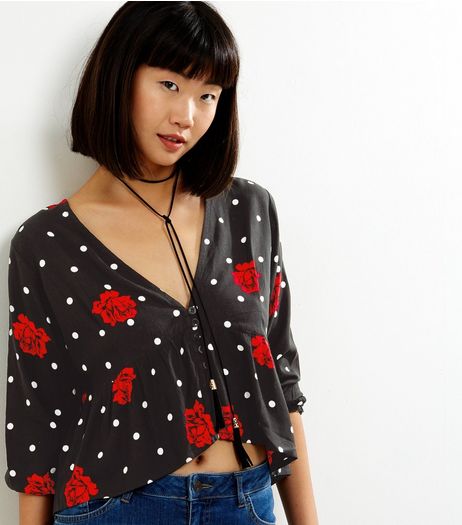Motel Black Floral Polka Dot Print 1/2 Sleeve Top | New Look