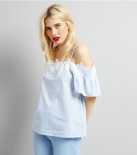 Blue Crochet Lace Trim Cold Shoulder Top | New Look