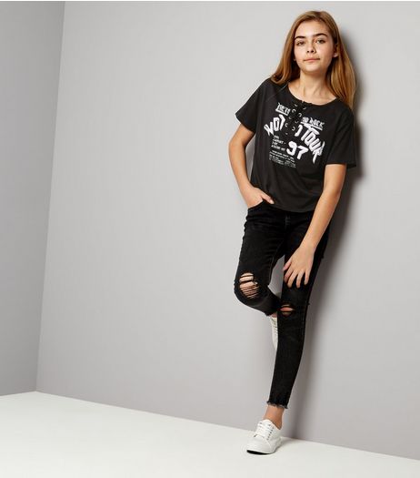 Teens Black Lace Up Front Rock T-Shirt | New Look