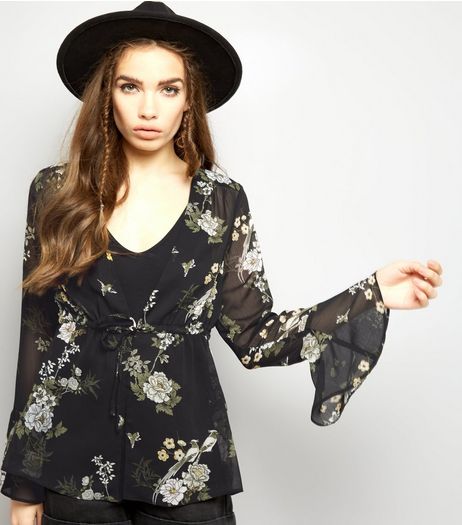 Black Chiffon Floral Print Bell Sleeve Tie Front Top | New Look
