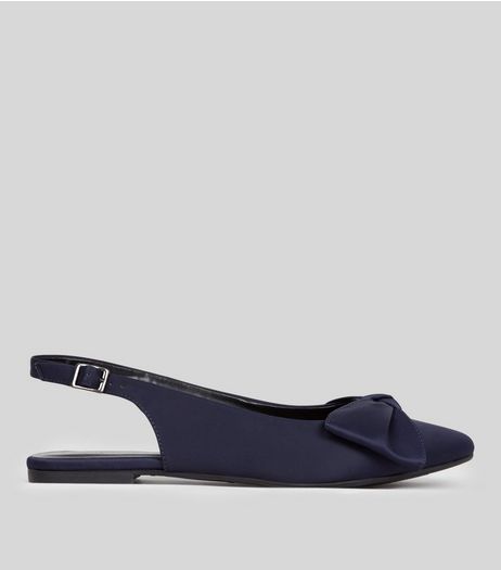 Navy Satin Pointed Bow Front Sling Back Pumps | New Look