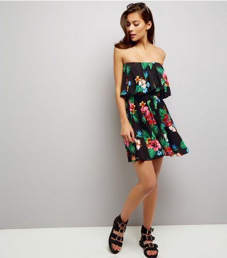 Black Tropical Floral Print Bandeau Dress | New Look