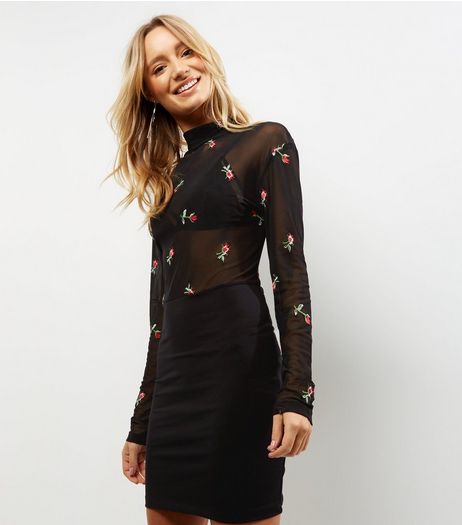 Motel Black Sheer Floral Embroidered Bodycon Dress | New Look