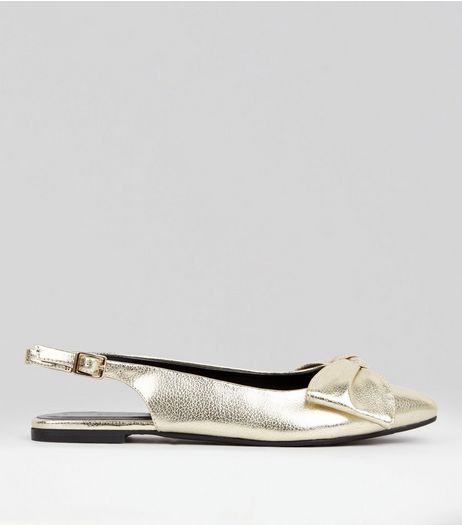 Gold Patent Bow Front Sling Back Sandals | New Look