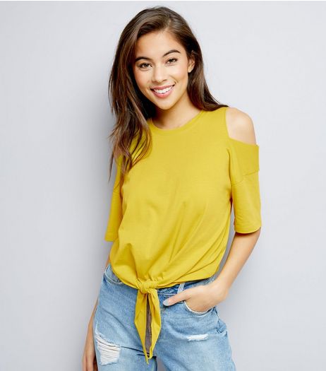 Yellow Cold Shoulder Tie Front T-Shirt | New Look