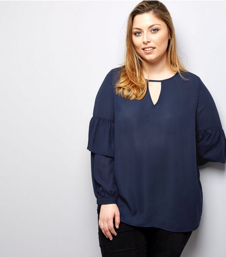 Curves Navy Frill Trim Sleeve Blouse | New Look