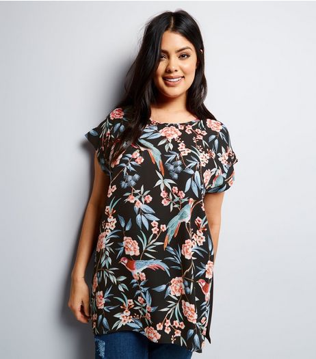 Curves Black Floral Woven Front T-shirt | New Look