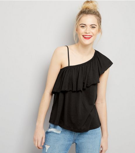 Black Asymmetric Frill Trim One Shoulder Top | New Look