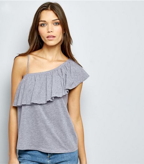 Mid Grey Frill Trim Off the Shoulder Top | New Look